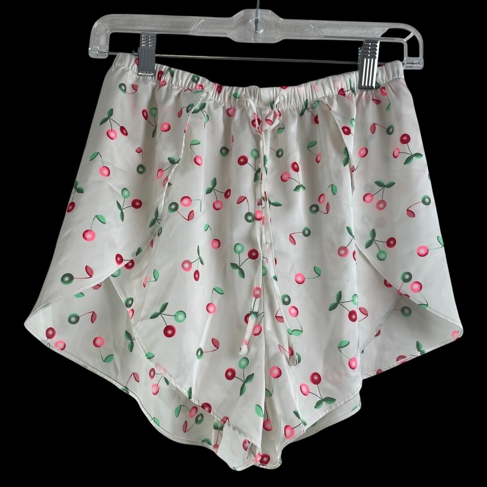 Colsie Womens XS White Cherry Print Satin Pajama Shorts Elastic Waist Petal Hem